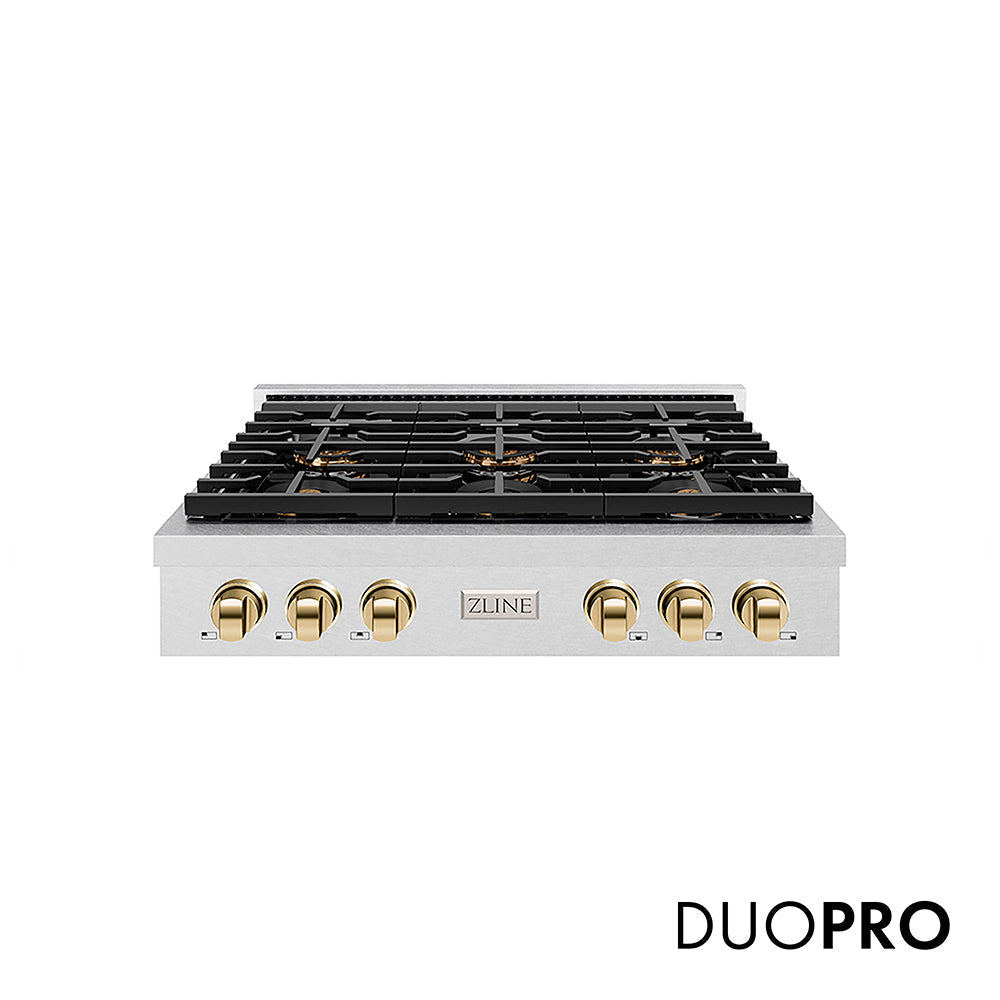 ZLINE Autograph Edition 36 in. Paramount Gas Rangetop with 6 Burner DuoPro™ Cooktop in Satin Stainless Steel and Polished Gold Accents (PSRTSZ-36-G)