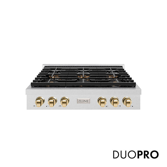 ZLINE Autograph Edition 36 in. Paramount Gas Rangetop with 6 Burner DuoPro™ Cooktop in Satin Stainless Steel and Polished Gold Accents (PSRTSZ-36-G)