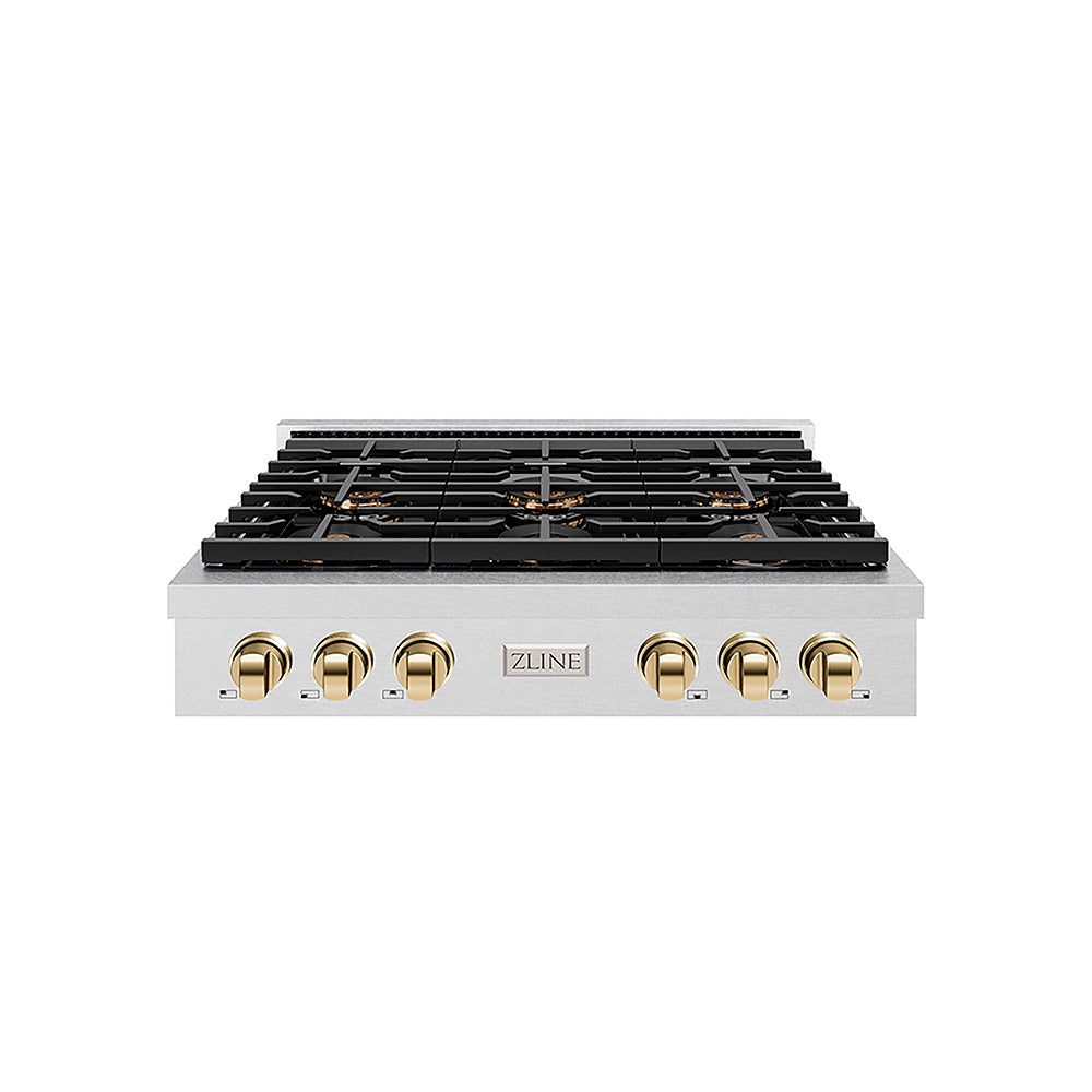 ZLINE Autograph Edition 36 in. Paramount Gas Rangetop with 6 Burner DuoPro™ Cooktop in Satin Stainless Steel and Polished Gold Accents (PSRTSZ-36-G)