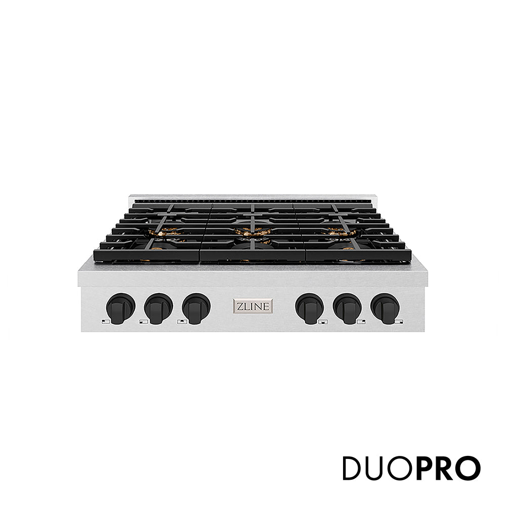 ZLINE Autograph Edition 36 in. Paramount Gas Rangetop with 6 Burner DuoPro™ Cooktop in Satin Stainless Steel and Matte Black Accents (PSRTSZ-36-MB)