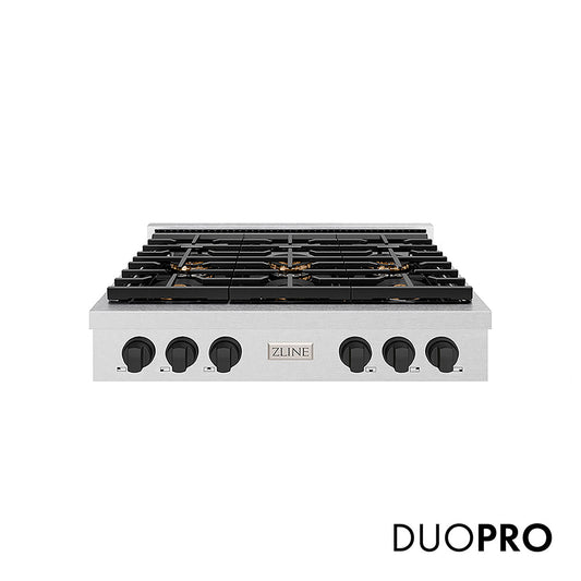 ZLINE Autograph Edition 36 in. Paramount Gas Rangetop with 6 Burner DuoPro™ Cooktop in Satin Stainless Steel and Matte Black Accents (PSRTSZ-36-MB)