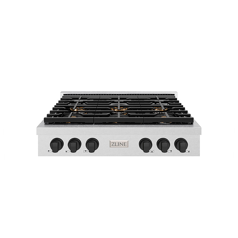 ZLINE Autograph Edition 36 in. Paramount Gas Rangetop with 6 Burner DuoPro™ Cooktop in Satin Stainless Steel and Matte Black Accents (PSRTSZ-36-MB)