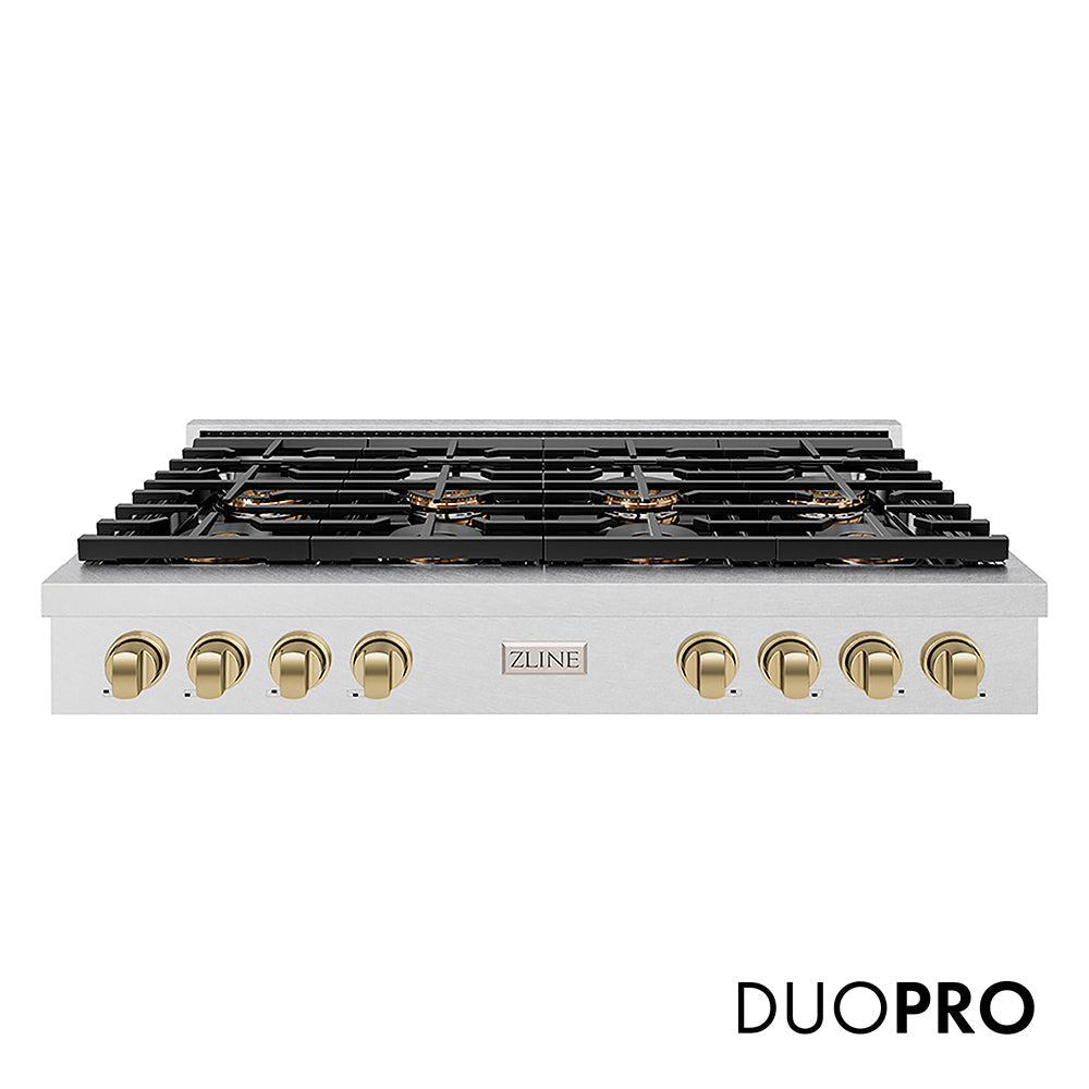 ZLINE Autograph Edition 48 in. Paramount Gas Rangetop with 8 Burner DuoPro™ Cooktop in Satin Stainless Steel and Champagne Bronze Accents (PSRTSZ-48-CB)