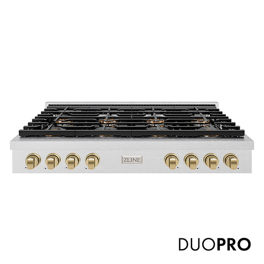 ZLINE Autograph Edition 48 in. Paramount Gas Rangetop with 8 Burner DuoPro™ Cooktop in Satin Stainless Steel and Champagne Bronze Accents (PSRTSZ-48-CB)