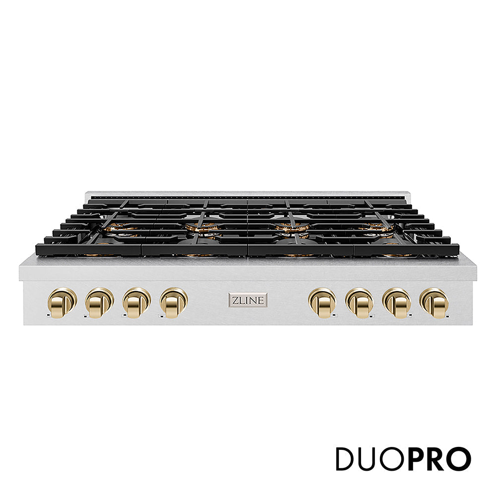 ZLINE Autograph Edition 48 in. Paramount Gas Rangetop with 8 Burner DuoPro™ Cooktop in Satin Stainless Steel and Polished Gold Accents (PSRTSZ-48-G)