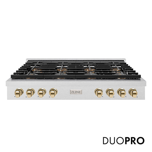 ZLINE Autograph Edition 48 in. Paramount Gas Rangetop with 8 Burner DuoPro™ Cooktop in Satin Stainless Steel and Polished Gold Accents (PSRTSZ-48-G)