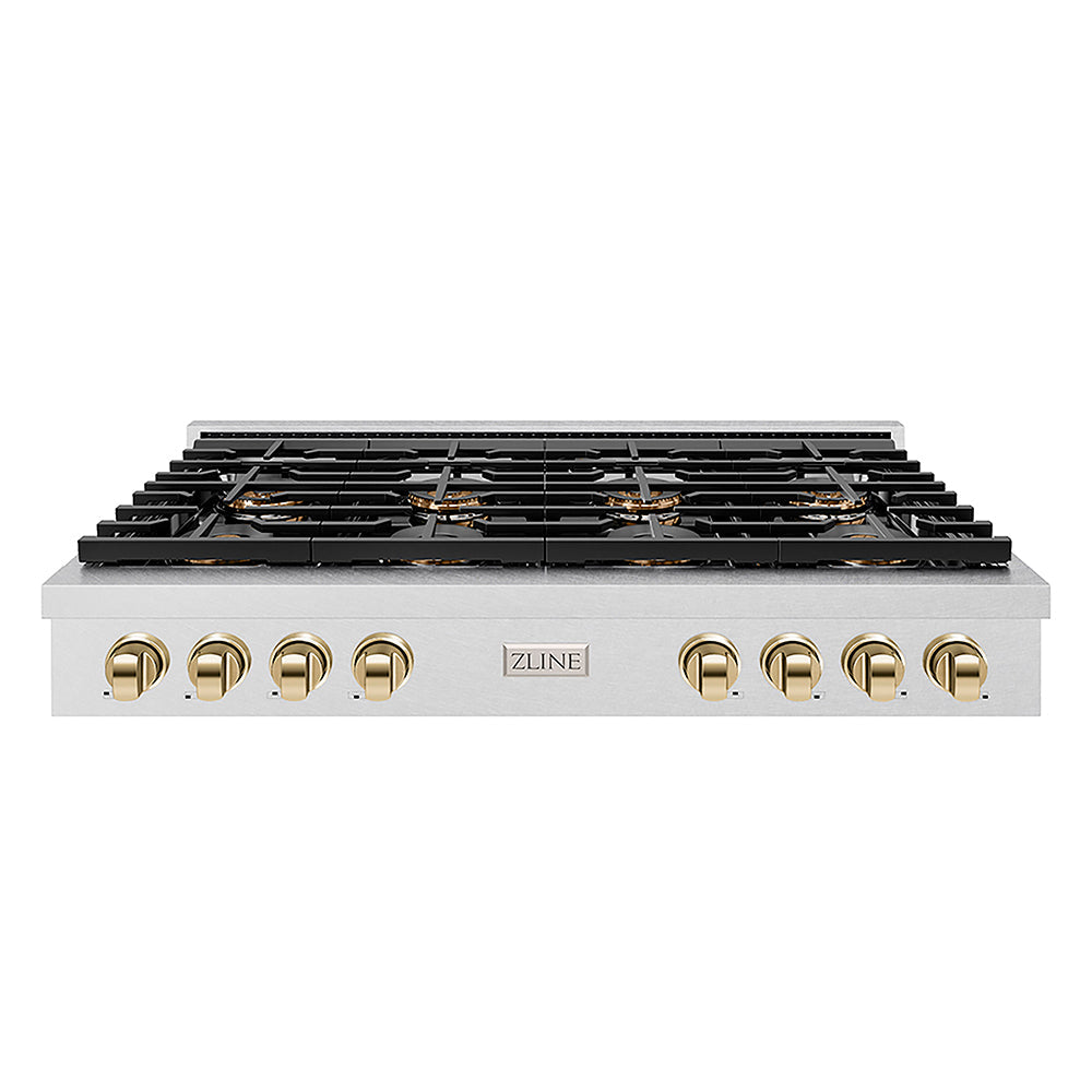 ZLINE Autograph Edition 48 in. Paramount Gas Rangetop with 8 Burner DuoPro™ Cooktop in Satin Stainless Steel and Polished Gold Accents (PSRTSZ-48-G)