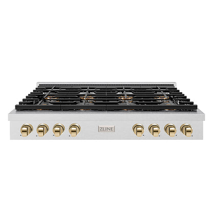 ZLINE Autograph Edition 48 in. Paramount Gas Rangetop with 8 Burner DuoPro™ Cooktop in Satin Stainless Steel and Polished Gold Accents (PSRTSZ-48-G)