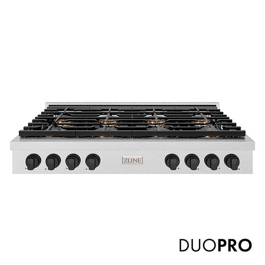 ZLINE Autograph Edition 48 in. Paramount Gas Rangetop with 8 Burner DuoPro™ Cooktop in Satin Stainless Steel and Matte Black Accents (PSRTSZ-48-MB)