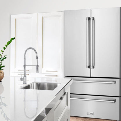 ZLINE Kitchen Package with Refrigerator, 36 in. Stainless Steel Dual Fuel Range, 36 in. Convertible Vent Range Hood, 24 in. Microwave Drawer, and 24 in. Tall Tub Dishwasher (5KPR-RARH36-MWDWV)