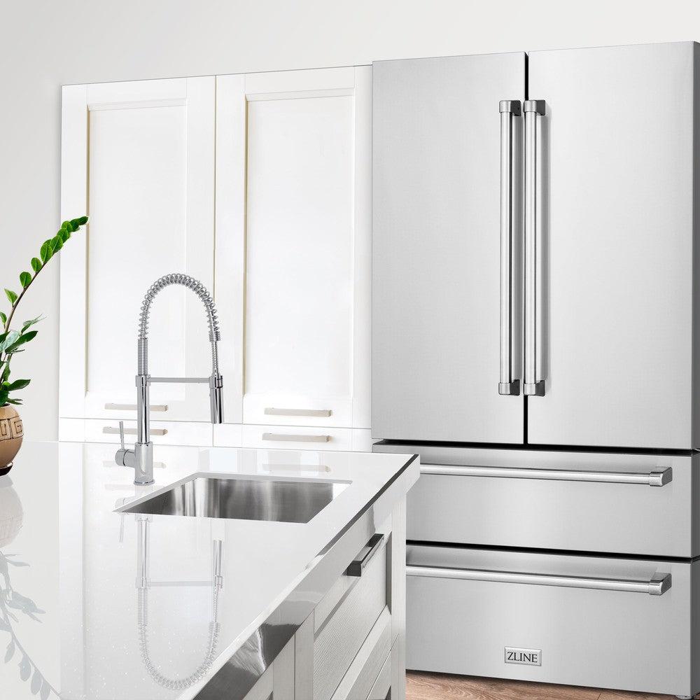 ZLINE Kitchen Package with Refrigerator, 48 in. Stainless Steel Dual Fuel Range, 48 in. Convertible Vent Range Hood, 24 in. Microwave Drawer, and 24 in. Tall Tub Dishwasher (5KPR-RARH48-MWDWV)