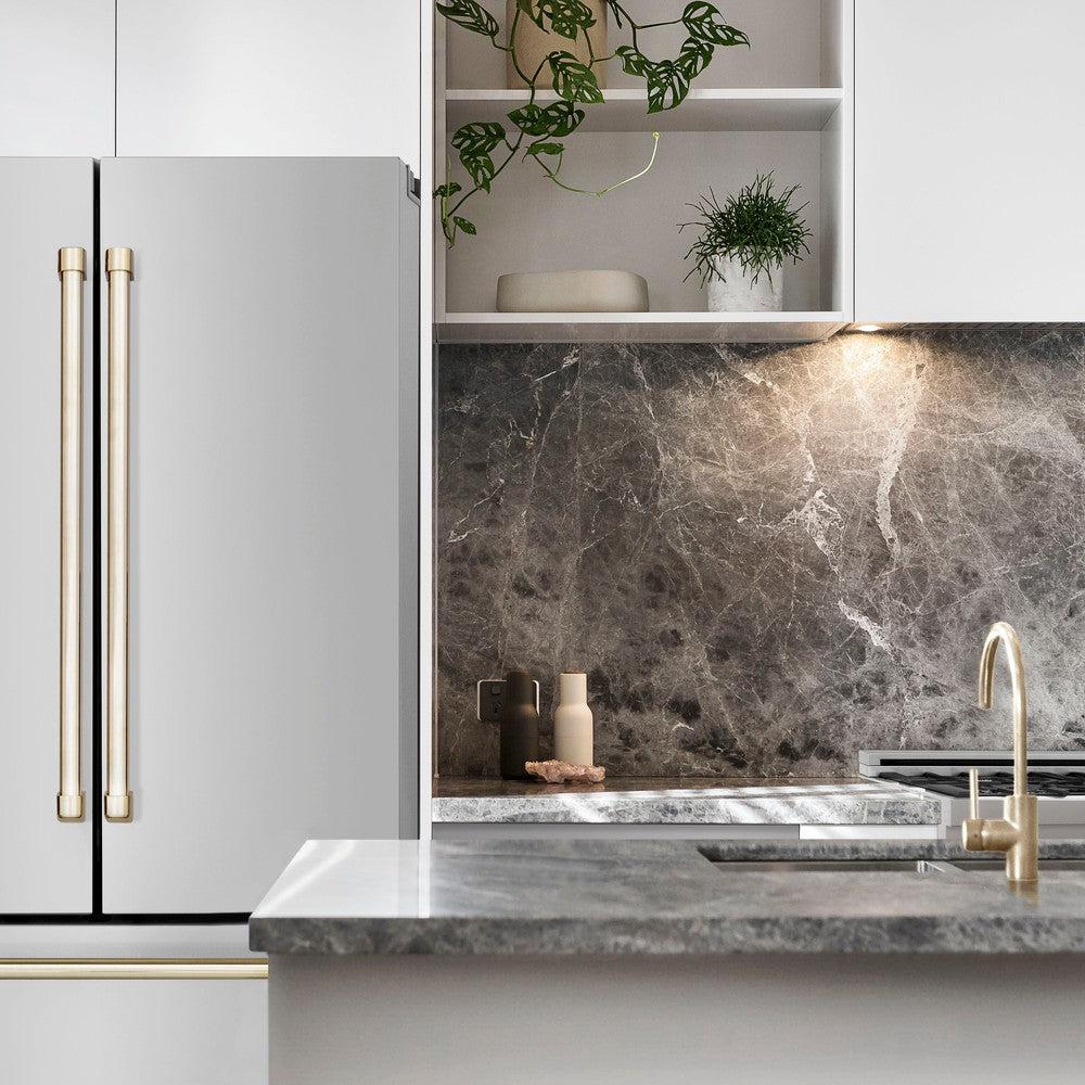 ZLINE Autograph Edition 36 in. 22.5 cu. ft. Counter-Depth French Door Refrigerator with Ice Maker in Fingerprint-Resistant Stainless Steel with Polished Gold Traditional Handles (RFMZ-36-G)