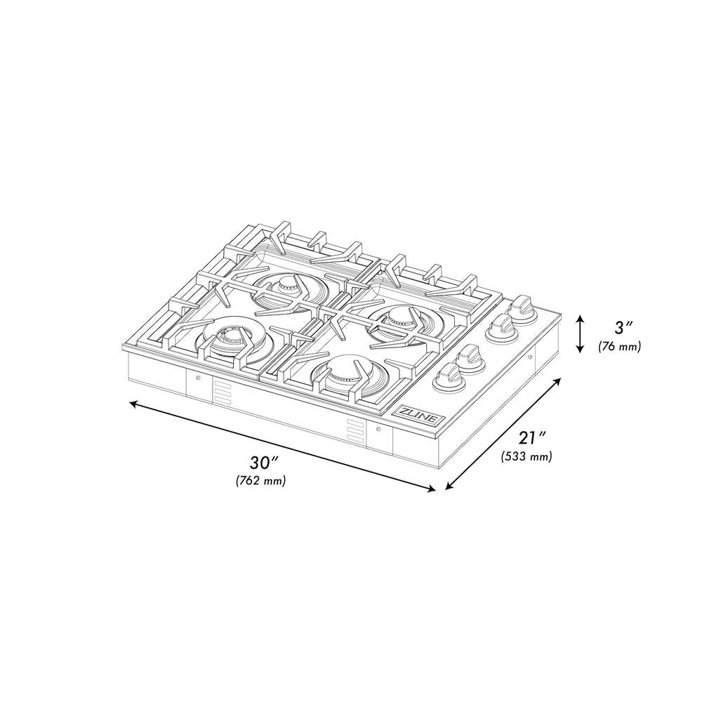 ZLINE 30 in. Gas Cooktop with 4 Burners and Black Porcelain Top (RC30-PBT)