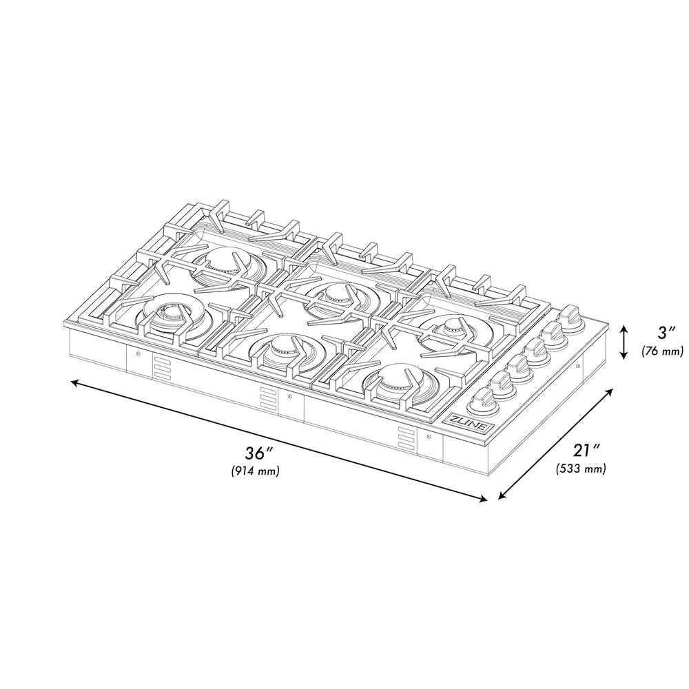 ZLINE 36 in. Gas Cooktop with 6 Burners and Black Porcelain Top (RC36-PBT)