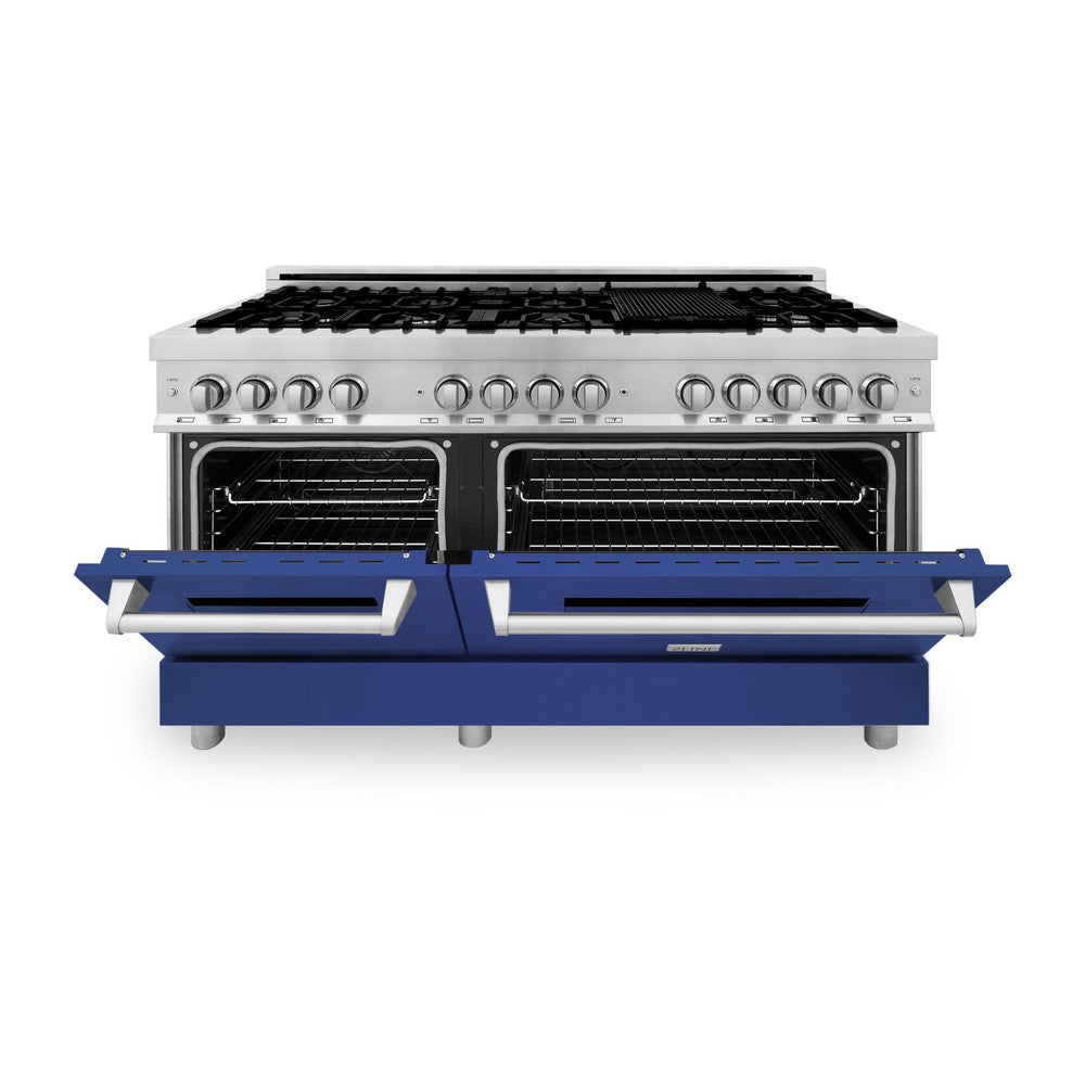 ZLINE 60 in. 7.4 cu. ft. Legacy Dual Fuel Range with 9 Burner Gas Cooktop and 2 Electric Convection Ovens in Stainless Steel and Blue Matte Doors (RA-BM-60)