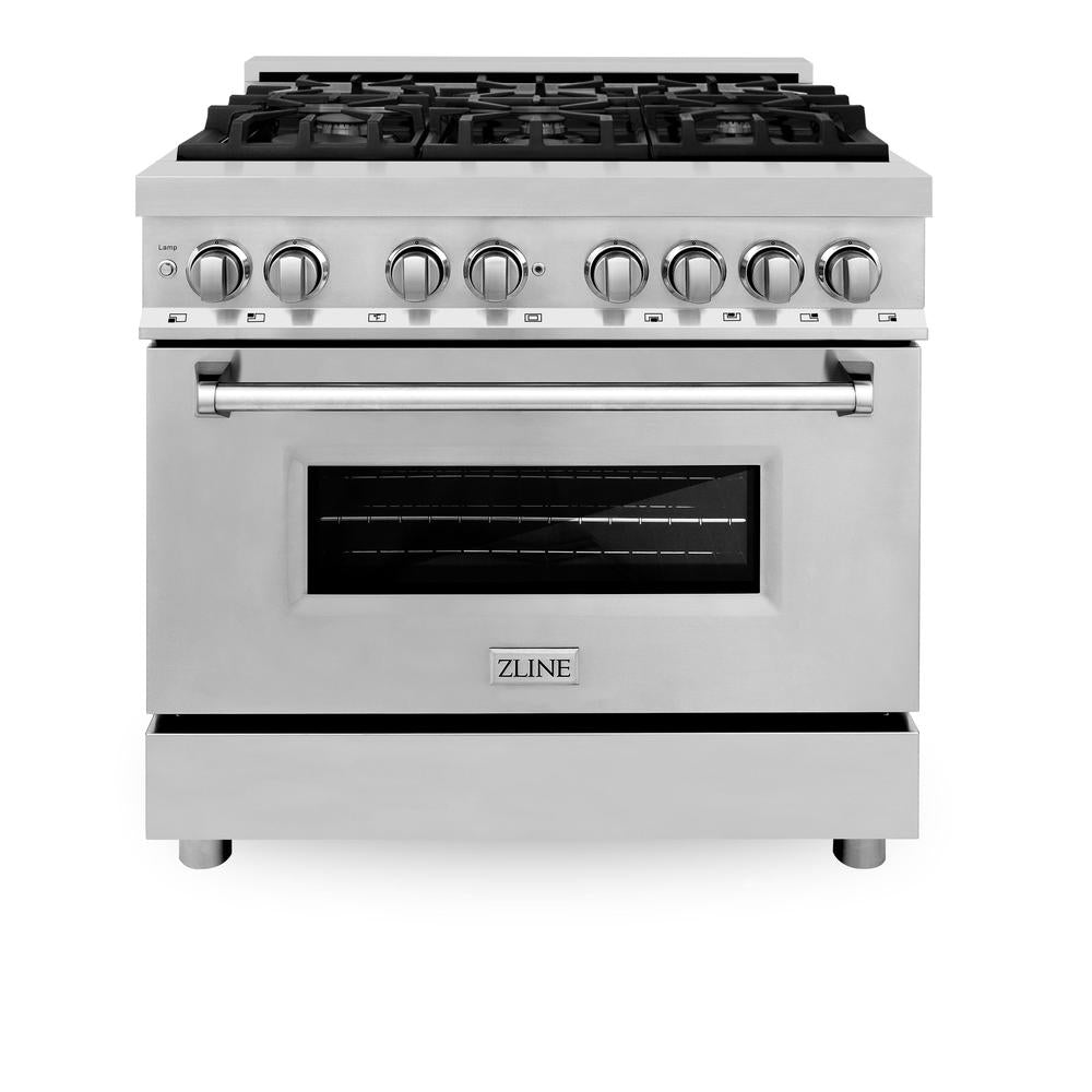 ZLINE Kitchen Package with 36 in. French Door Refrigerator, 36 in. Dual Fuel Range, 36 in. Range Hood, 24 in. Microwave Drawer, 24 in. Tall Tub Dishwasher and 24 in. Beverage Fridge in Stainless Steel (6KPR-RARH36-MWDWV-RBV)