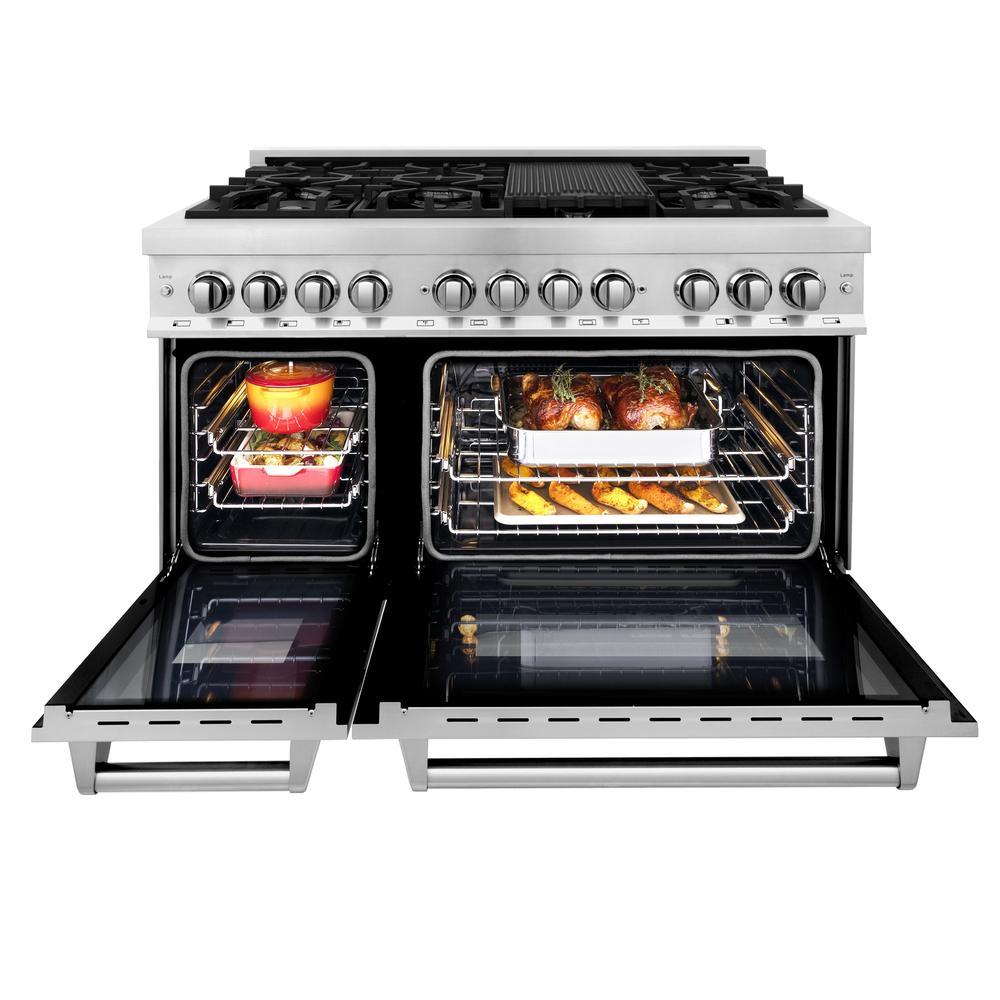 ZLINE Kitchen Package with 36 in. French Door Refrigerator, 48 in. Dual Fuel Range, 48 in. Range Hood, 24 in. Microwave Drawer, 24 in. Tall Tub Dishwasher and 24 in. Beverage Fridge in Stainless Steel (6KPR-RARH48-MWDWV-RBV)