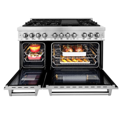 ZLINE Kitchen Package with 36 in. French Door Refrigerator, 48 in. Dual Fuel Range, 48 in. Range Hood, 24 in. Microwave Drawer, 24 in. Tall Tub Dishwasher and 24 in. Beverage Fridge in Stainless Steel (6KPR-RARH48-MWDWV-RBV)