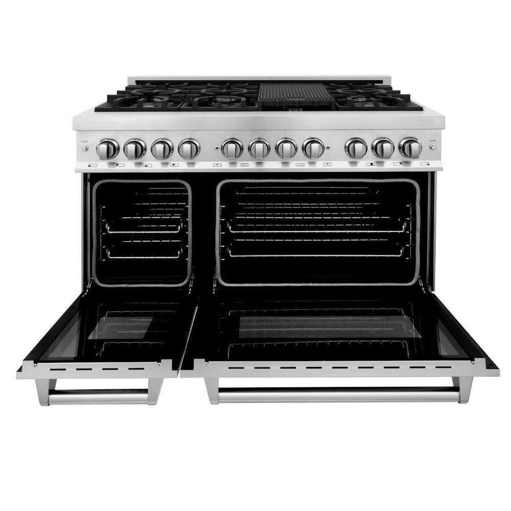 ZLINE Kitchen Package with Refrigerator, 48 in. Stainless Steel Dual Fuel Range, 48 in. Convertible Vent Range Hood, 24 in. Microwave Drawer, and 24 in. Tall Tub Dishwasher (5KPR-RARH48-MWDWV)