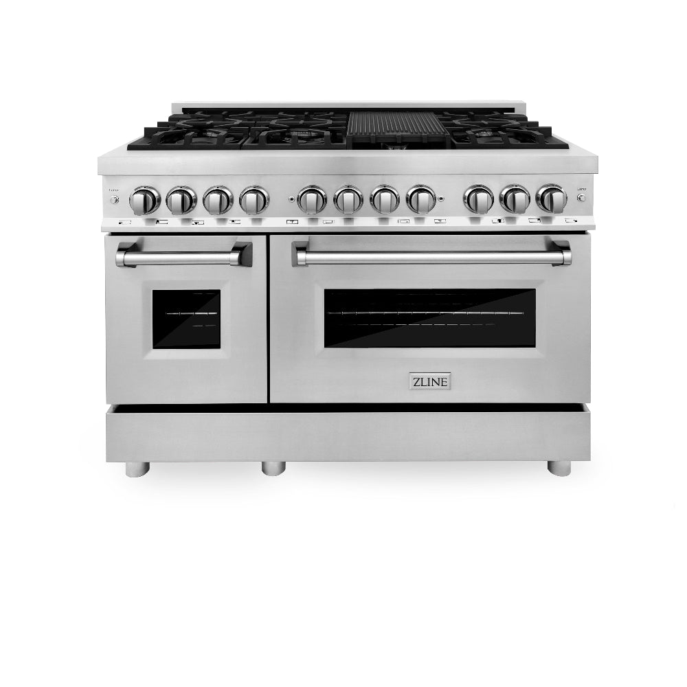 ZLINE Kitchen Package with 36 in. French Door Refrigerator, 48 in. Dual Fuel Range, 48 in. Range Hood, 24 in. Microwave Drawer, 24 in. Tall Tub Dishwasher and 24 in. Wine Cooler in Stainless Steel (6KPR-RARH48-MWDWV-RWV)