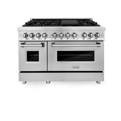 ZLINE Kitchen Package with 36 in. French Door Refrigerator, 48 in. Dual Fuel Range, 48 in. Range Hood, 24 in. Microwave Drawer, 24 in. Tall Tub Dishwasher and 24 in. Beverage Fridge in Stainless Steel (6KPR-RARH48-MWDWV-RBV)