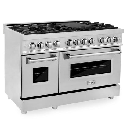 ZLINE Kitchen Package with Refrigerator, 48 in. Stainless Steel Dual Fuel Range, 48 in. Convertible Vent Range Hood, 24 in. Microwave Drawer, and 24 in. Tall Tub Dishwasher (5KPR-RARH48-MWDWV)