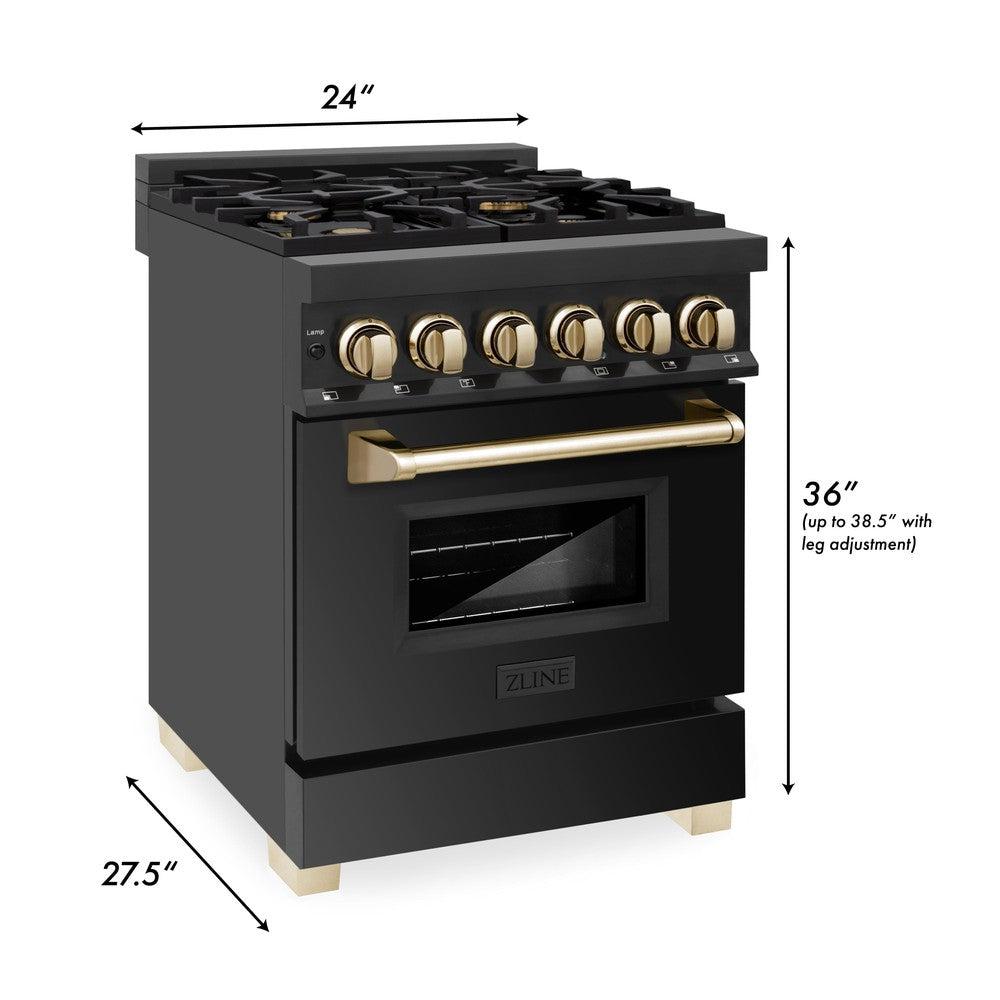 ZLINE Autograph Edition 24 in. 2.8 cu. ft. Legacy Dual Fuel Range with 4 Burner Gas Cooktop and Electric Convection Oven in Black Stainless Steel and Polished Gold Accents (RABZ-24-G)