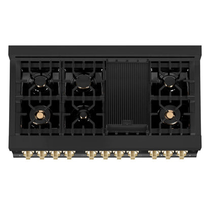 ZLINE Autograph Edition 48 in. Kitchen Package with Black Stainless Steel Dual Fuel Range, Range Hood, Dishwasher and Refrigerator Including External Water Dispenser with Polished Gold Accents (4AKPR-RABRHDWV48-G)