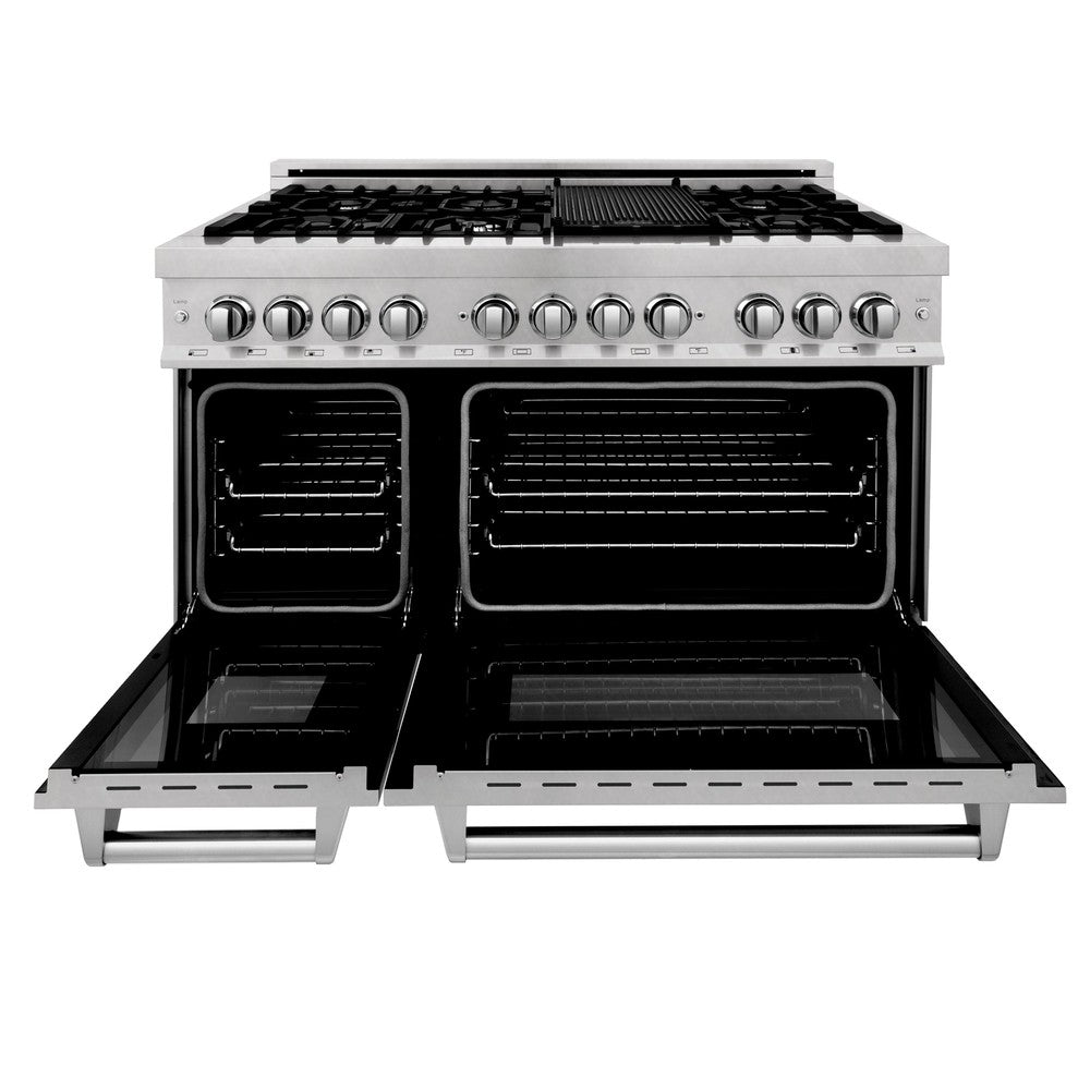 ZLINE 48 in. Kitchen Package with Satin Stainless Dual Fuel Range, Ducted Vent Range Hood and Tall Tub Dishwasher (3KP-RASRH48-DWV)