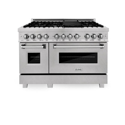 ZLINE 48 in. Kitchen Package with Satin Stainless Dual Fuel Range, Ducted Vent Range Hood and Tall Tub Dishwasher (3KP-RASRH48-DWV)