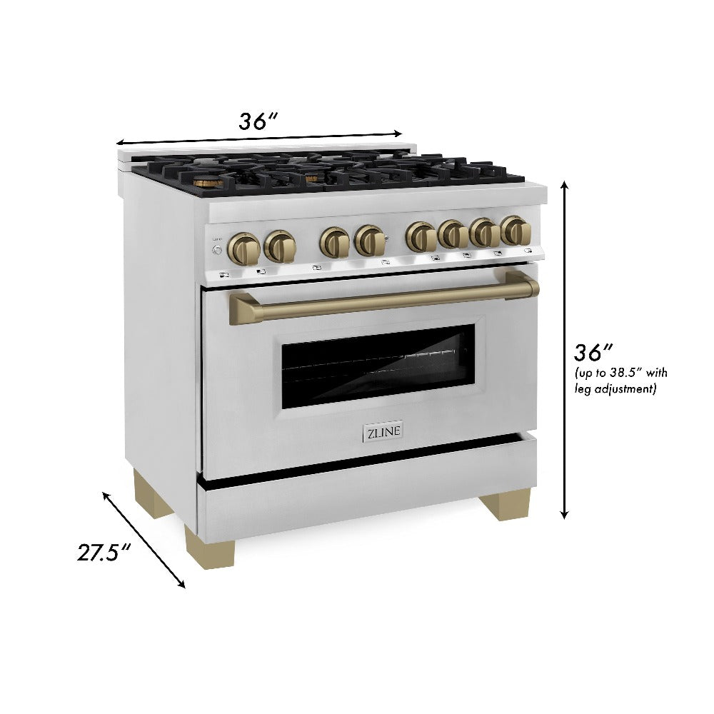 ZLINE Autograph Edition 36 in. Kitchen Package with Stainless Steel Dual Fuel Range, Range Hood and Dishwasher with Champagne Bronze Accents (3AKP-RARHDWM36-CB)