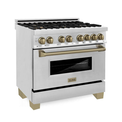 ZLINE Autograph Edition 36 in. Kitchen Package with Stainless Steel Dual Fuel Range, Range Hood, Dishwasher and Refrigerator with Champagne Bronze Accents (4KAPR-RARHDWM36-CB)
