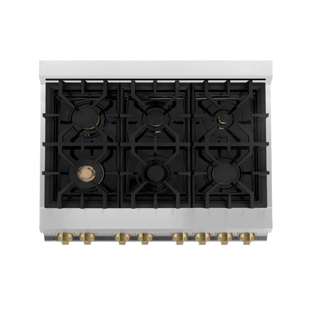 ZLINE Autograph Edition 36 in. Kitchen Package with Stainless Steel Dual Fuel Range, Range Hood and Dishwasher with Champagne Bronze Accents (3AKP-RARHDWM36-CB)