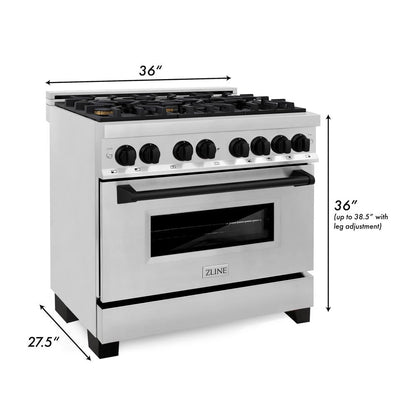 ZLINE Autograph Edition 36 in. Kitchen Package with Stainless Steel Dual Fuel Range and Range Hood with Matte Black Accents (2AKP-RARH36-MB)