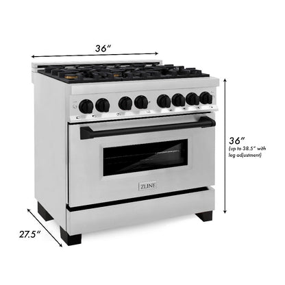 ZLINE Autograph Edition 36 in. Kitchen Package with Stainless Steel Dual Fuel Range, Range Hood, Dishwasher and Refrigerator Including External Water Dispenser with Matte Black Accents (4AKPR-RARHDWM36-MB)
