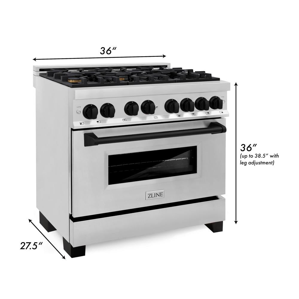 ZLINE Autograph Edition 36 in. Kitchen Package with Stainless Steel Dual Fuel Range, Range Hood and Dishwasher with Matte Black Accents (3AKP-RARHDWM36-MB)