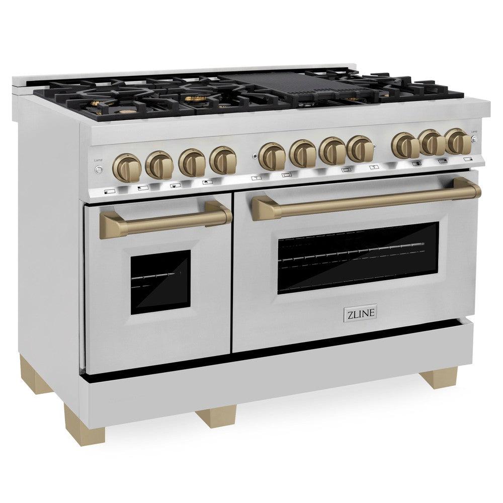 ZLINE Autograph Edition 48 in. Kitchen Package with Stainless Steel Dual Fuel Range, Range Hood and Dishwasher with Champagne Bronze Accents (3AKP-RARHDWM48-CB)