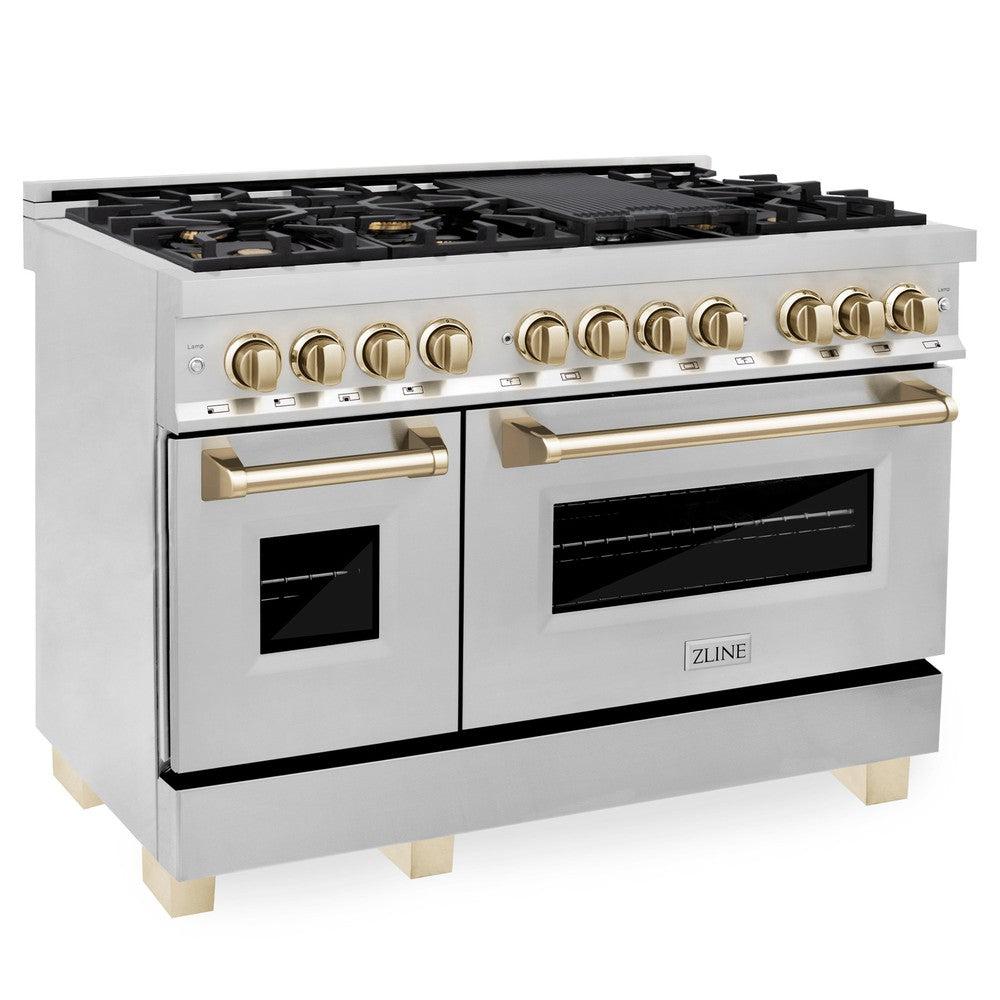 ZLINE Autograph Edition 48 in. Kitchen Package with Stainless Steel Dual Fuel Range and Range Hood with Polished Gold Accents (2AKP-RARH48-G)