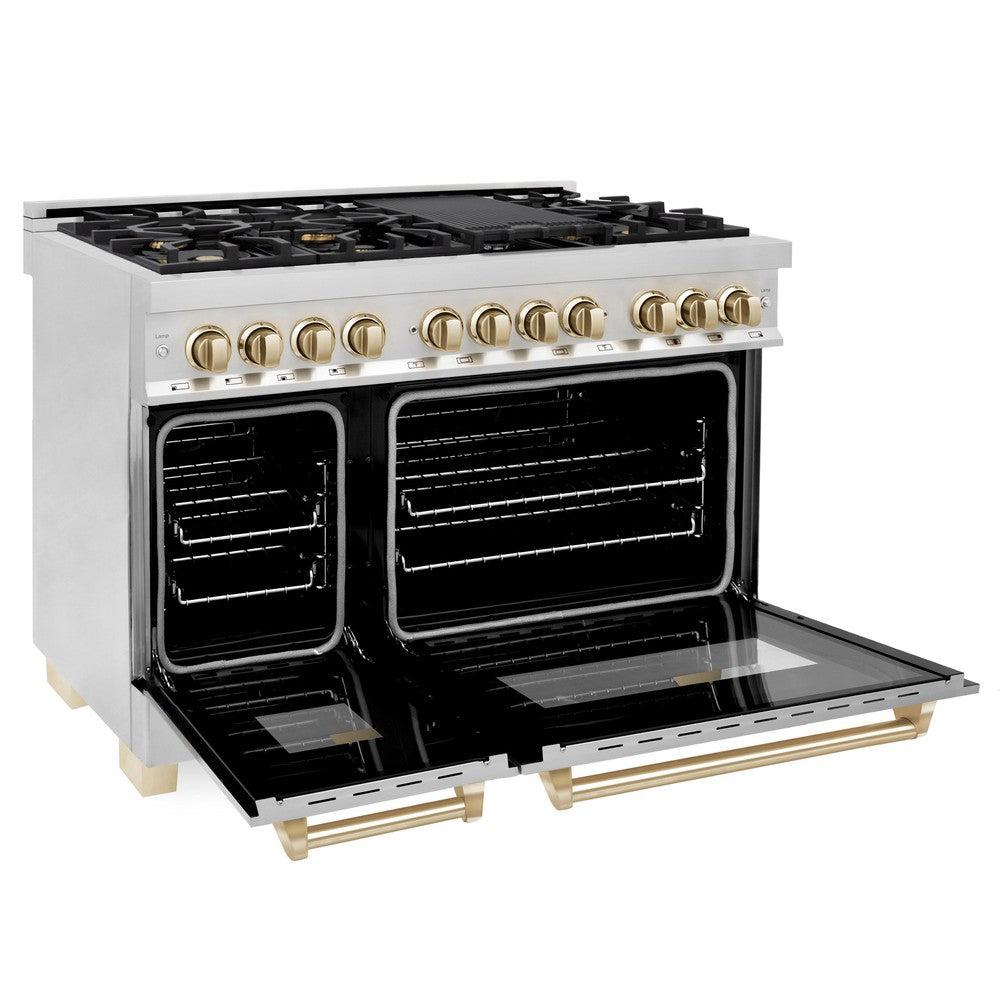 ZLINE Autograph Edition 48 in. Kitchen Package with Stainless Steel Dual Fuel Range, Range Hood, Dishwasher and Refrigerator with Polished Gold Accents (4KAPR-RARHDWM48-G)