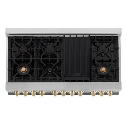 ZLINE Autograph Edition 48 in. Kitchen Package with Stainless Steel Dual Fuel Range, Range Hood, Dishwasher and Refrigerator with Polished Gold Accents (4KAPR-RARHDWM48-G)