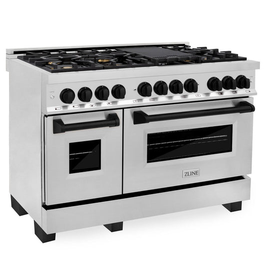 ZLINE Autograph Edition 48 in. 6.0 cu. ft. Legacy Dual Fuel Range with 7 Burner Gas Cooktop and 2 Electric Ovens in Stainless Steel and Matte Black Accents (RAZ-48-MB)