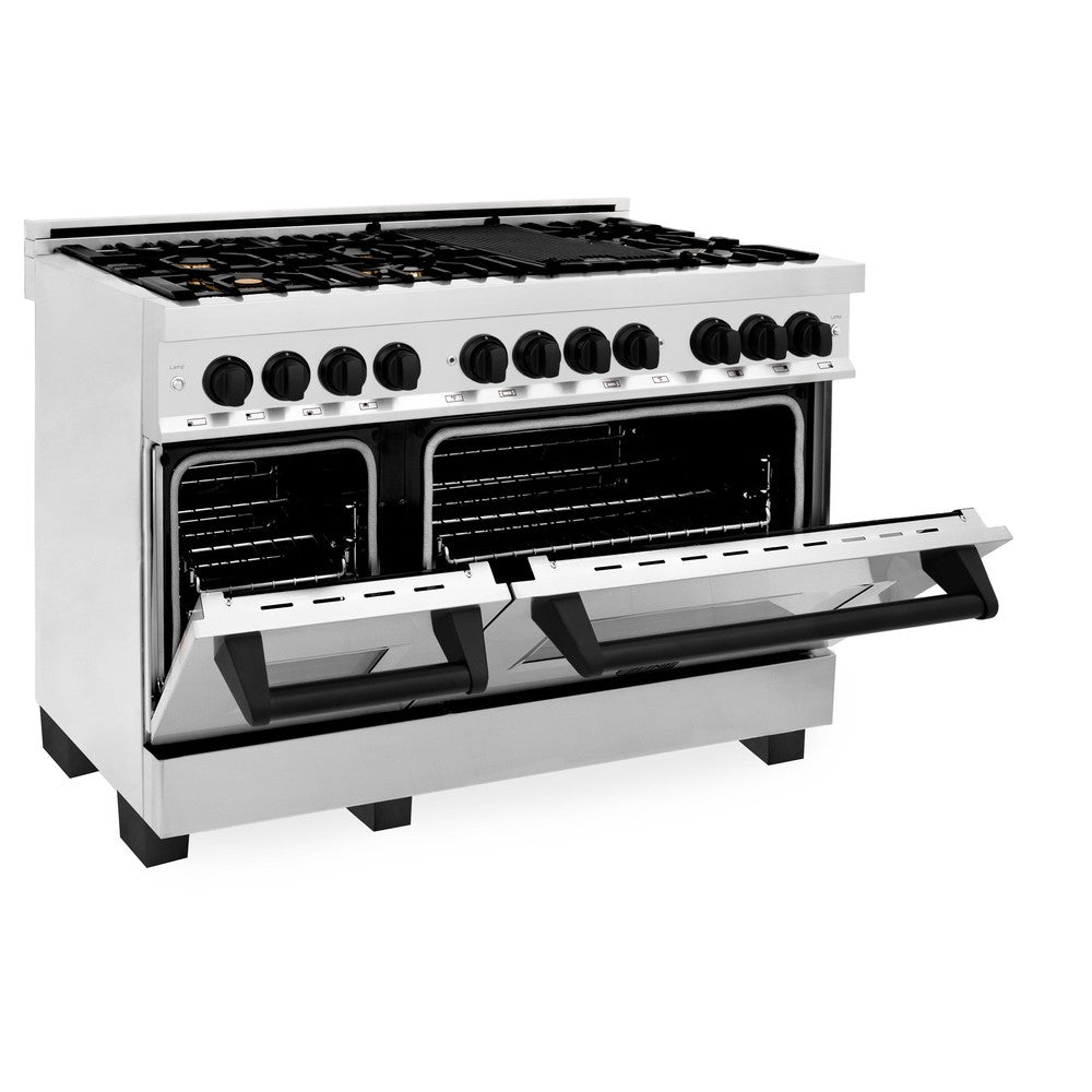ZLINE Autograph Edition 48 in. 6.0 cu. ft. Legacy Dual Fuel Range with 7 Burner Gas Cooktop and 2 Electric Ovens in Stainless Steel and Matte Black Accents (RAZ-48-MB)