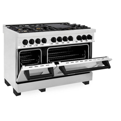 ZLINE Autograph Edition 48 in. Kitchen Package with Stainless Steel Dual Fuel Range, Range Hood, Dishwasher and Refrigerator Including External Water Dispenser with Matte Black Accents (4AKPR-RARHDWM48-MB)