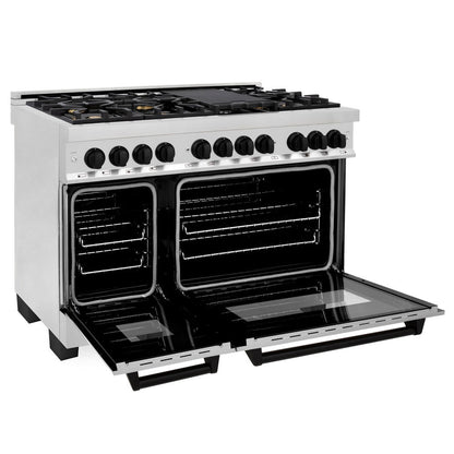 ZLINE Autograph Edition 48 in. Kitchen Package with Stainless Steel Dual Fuel Range, Range Hood, Dishwasher and Refrigerator with Matte Black Accents (4KAPR-RARHDWM48-MB)