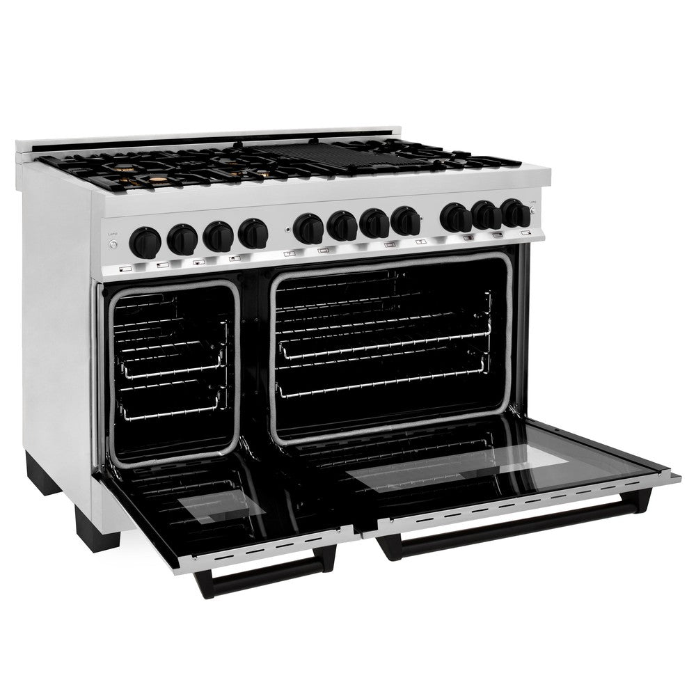 ZLINE Autograph Edition 48 in. 6.0 cu. ft. Legacy Dual Fuel Range with 7 Burner Gas Cooktop and 2 Electric Ovens in Stainless Steel and Matte Black Accents (RAZ-48-MB)