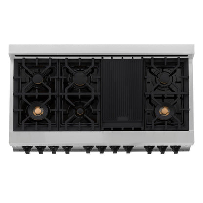 ZLINE Autograph Edition 48 in. Kitchen Package with Stainless Steel Dual Fuel Range, Range Hood, Dishwasher and Refrigerator with Matte Black Accents (4KAPR-RARHDWM48-MB)