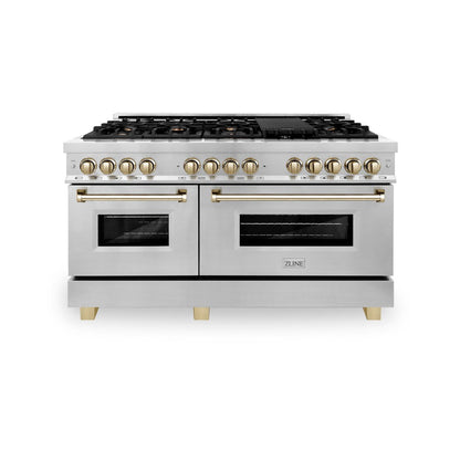 ZLINE Autograph Edition 60 in. 7.4 cu. ft. Legacy Dual Fuel Range with 9 Burner Gas Cooktop and 2 Electric Convection Ovens in Stainless Steel and Polished Gold Accents (RAZ-60-G)