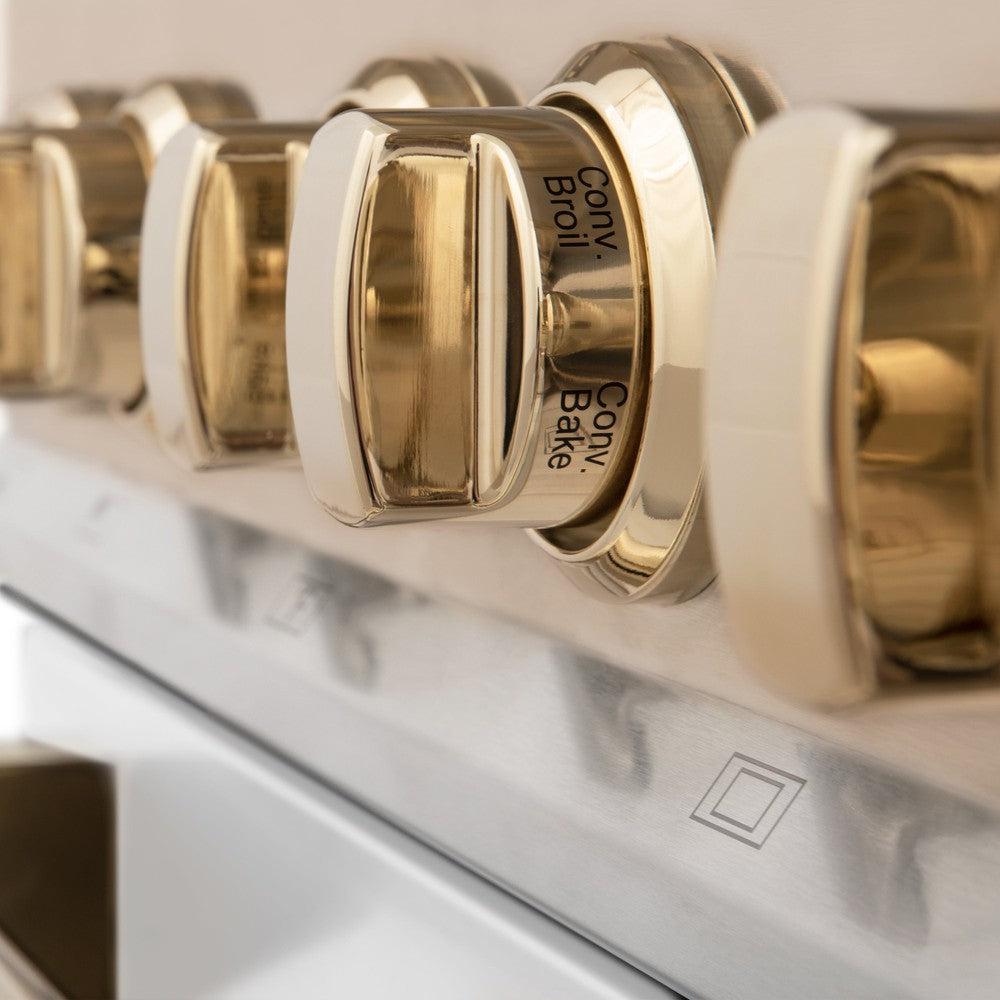 ZLINE Autograph Edition 36 in. Kitchen Package with Stainless Steel Dual Fuel Range with White Matte Door and Range Hood with Polished Gold Accents (2AKP-RAWMRH36-G)