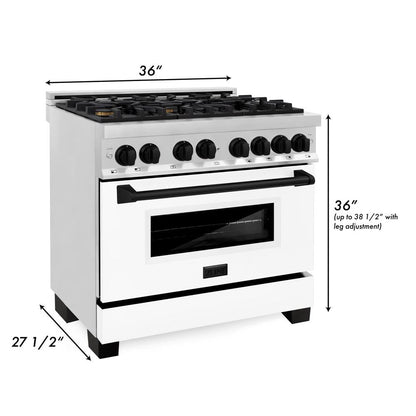 ZLINE Autograph Edition 36 in. Kitchen Package with Stainless Steel Dual Fuel Range with White Matte Door and Range Hood with Matte Black Accents (2AKP-RAWMRH36-MB)