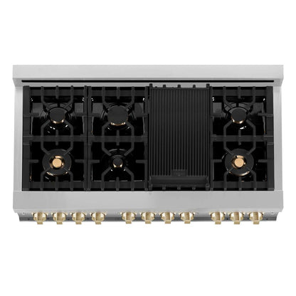 ZLINE Autograph Edition 48 in. Kitchen Package with Stainless Steel Dual Fuel Range with White Matte Door and Range Hood with Polished Gold Accents (2AKP-RAWMRH48-G)